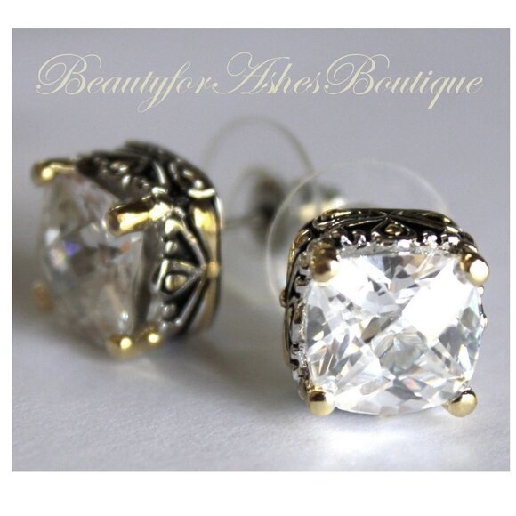 10mm Checker Cut Two Tone Throne Room Clear White Old World Classic CZ Earrings - Picture 1 of 3